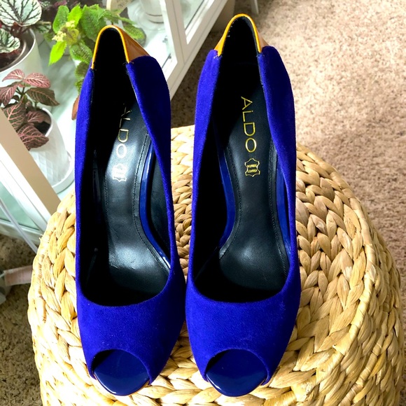 Aldo Heels Suede Blue/Yellow Stiletto Platform Shoes UK 39 US 8 - Picture 3 of 8